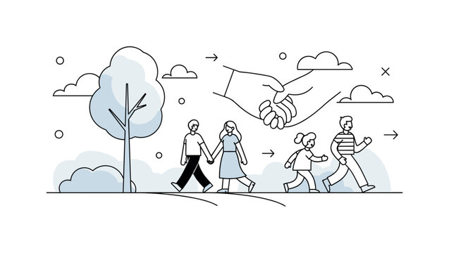 Peaceful park moment. A couple holding hands walks past a single tree, with their joined hands emphasized as the focal point of the composition. A minimal path