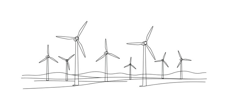 "Wind Turbines Landscape". Minimalistic one-line drawing multiple wind turbines standing in an open field with gentle horizon lines, continuous single black