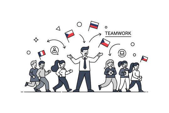 Managing multicultural teams. A central manager guides a diverse group of professionals, with small flags and icons representing different countries around