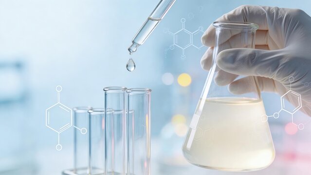Scientist hand holding conical flask with pipette dropping liquid in laboratory chemical research and pharmaceutical development concept glassware and molecular structure overlay
