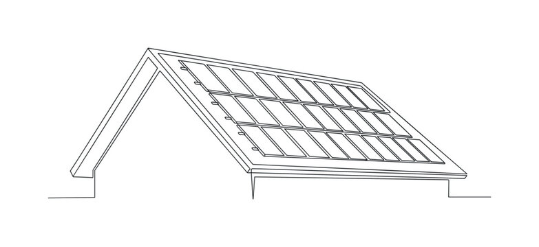 "Rooftop Solar Panels". Minimalistic one-line drawing a house roof with solar panels aligned in neat rows capturing sunlight, continuous single black line on