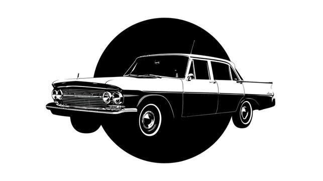 A vintage car silhouette is suspended against a black circle, in two-tone contrasting colors