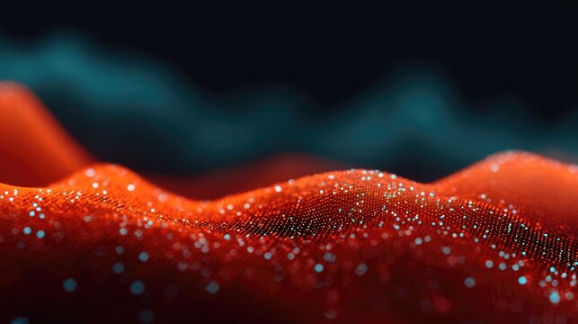 Abstract red wave texture with shimmering particles creating a vibrant and dynamic visual effect in a dark background