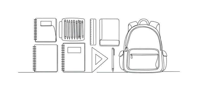 "Back to School Backpack". Minimalistic one-line drawing a backpack with a lunchbox placed beside it in a simple flat lay composition, continuous single black