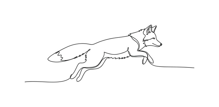 "Wild energy". Minimalistic one-line drawing fox in mid-air jump with smooth continuous contour capturing lively movement, continuous single black line on