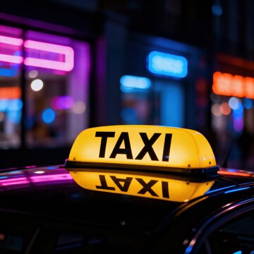 Glowing "taxi" sign on car roof at night in neon city street, symbolizing urban transport, ride service, taxi business concept