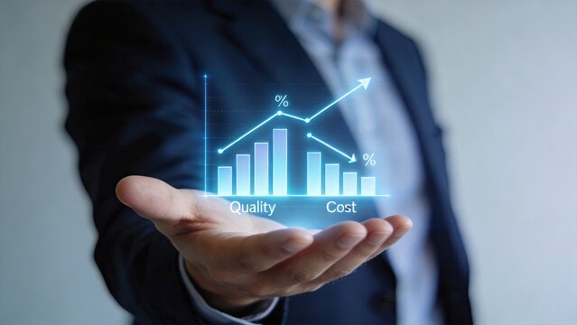Businessman hand holding futuristic hologram chart showing rising quality and decreasing cost percentage for financial analysis and corporate strategy concept