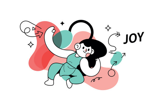 Playful composition. Multiple bright elements interact dynamically with overlapping layers and minimal sparkles, showing contrast and harmony. A ?JOY? caption