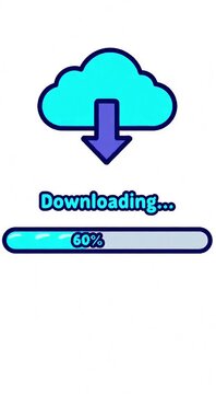 Playful downloading cloud icon with blue arrow progress bar and status text isolated on white background colorful sticker style graphic for app interface web loading screens tech promotions and ads