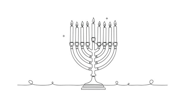 "Festival of Lights Scene". Minimalistic one-line drawing a menorah with candles burning in a calm composition with subtle decorative elements, continuous