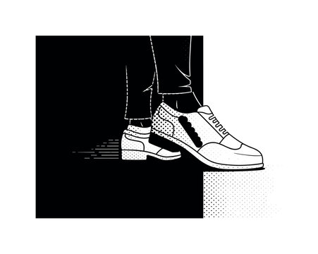 A pair of shoes stepping from shadow into light at a corner edge, cropped low-angle composition, black and white halftone illustration, bold dot pattern
