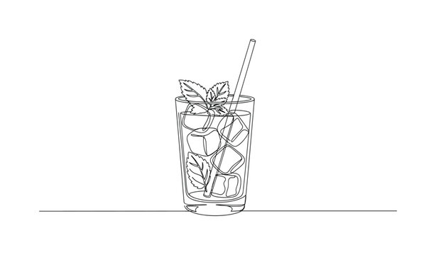 "Summer lemonade with ice and mint". Minimalistic one-line drawing glass of lemonade with ice cubes and mint leaves with a straw in a fresh balanced