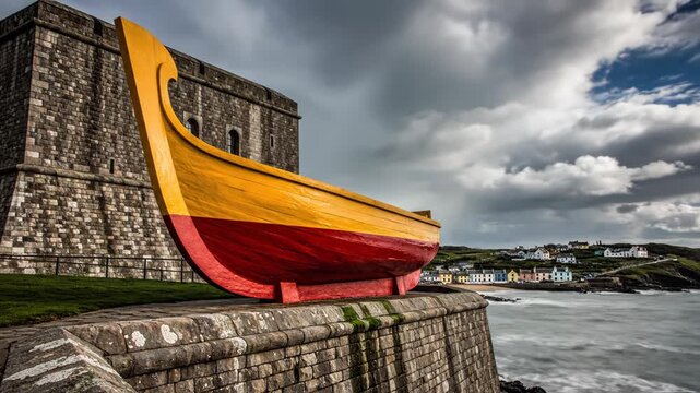 Large red and yellow boat prow sculpture positioned on a stone fortification wall overlooking a coastal harbor village under a dramatic cloudy sky in County Cork, Ireland.