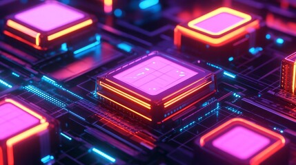 Fototapeta premium Abstract image of glowing square neon circuitry with futuristic tech patterns in vibrant colors