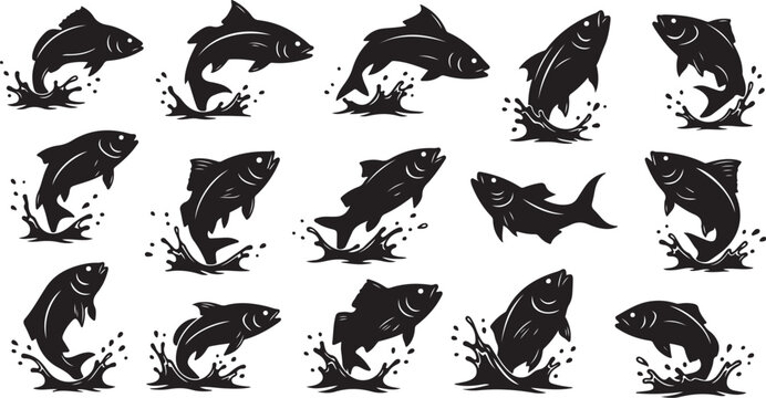 Collection of black fish silhouettes jumping out of water illustrations