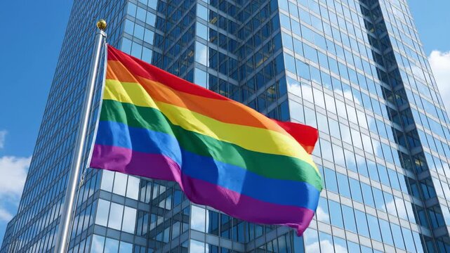 Rainbow pride flag flying on pole in front of modern skyscraper