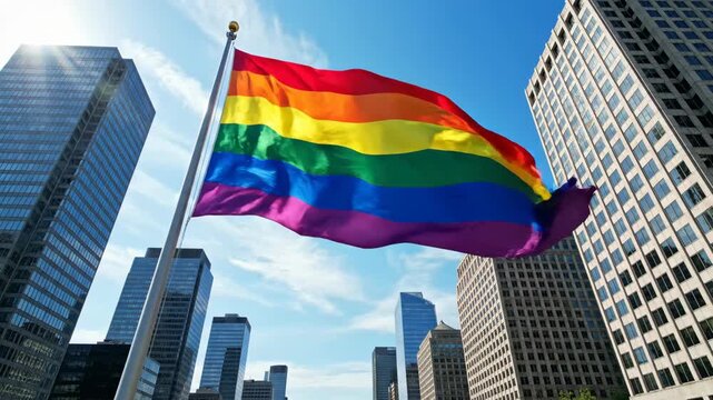 Rainbow pride flag flying high among modern city skyscrapers