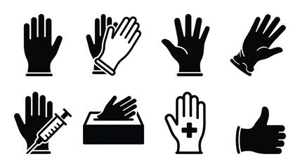 Fototapeta premium Set of black icons of medical gloves and hand gestures related to healthcare on transparent background