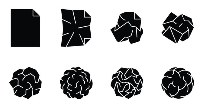 Set of black icons showing the process of crumpling a piece of paper, from flat to a ball