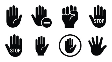 Fototapeta premium Set of black stop hand gesture icons on transparent background for warning or restriction