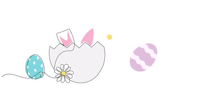 Animated Continuous Single Line Drawing Over Flat Vector Easter Eggs and Bunny.