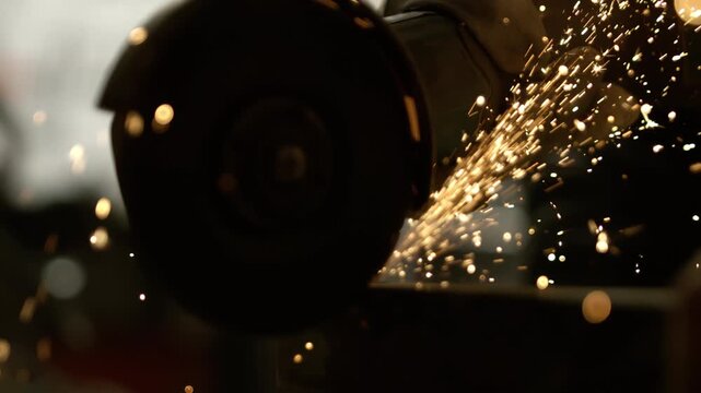 A person uses a grinding tool to work on metal in a workshop. Sparks fly as the tool cuts through the material. The setting is busy and filled with tools and equipment.