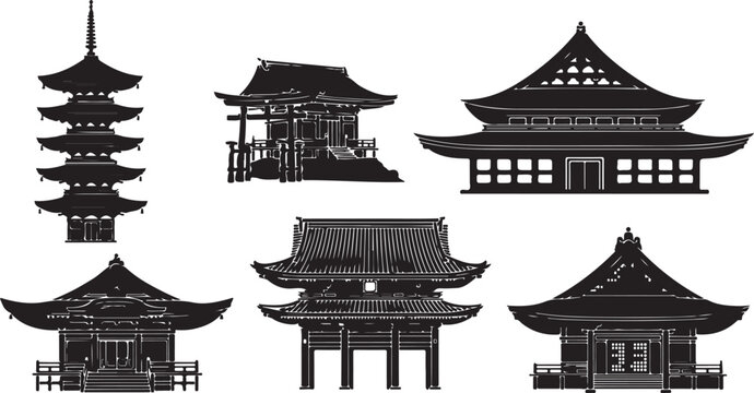 Black and white of traditional chinese pagodas with ornate roofs and eaves chinese architecture desi