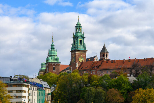 Wawel Castle and Cathedral on the Vistula River in Krakow, Poland on a sunny autumn day. 