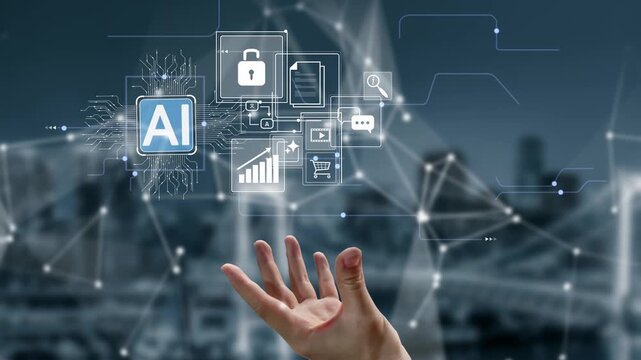 Futuristic Hand Reaching for AI Technology Icons Representing Data Security, Automation, Machine Learning, and Digital Innovation in a Modern Environment Gluon.