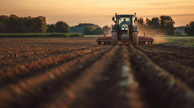 aeon. A large tractor creating deep furrows in a field during the golden hour. safety posters, maintenance manuals, designed for industrial assembly lines and welding operations.