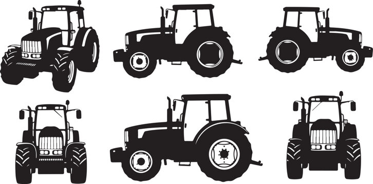 Collection of tractor silhouettes in various angles and positions