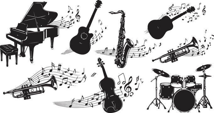 Musical instruments and notes in black and white illustration style