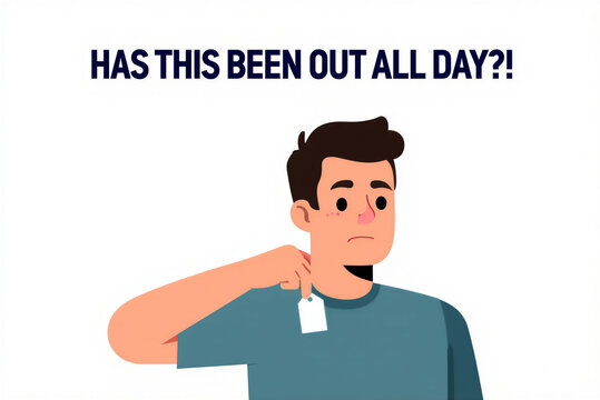 Embarrassed man pointing at an exposed clothing tag, a relatable fashion mishap or social gaffe.