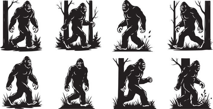 Bigfoot Sasquatch Silhouette Vector Illustrations in Black and White Forest