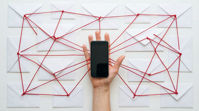 Top down flat lay overhead view of a hand holding a modern black smartphone resting on a complex network of red string connecting various white envelopes on a white background