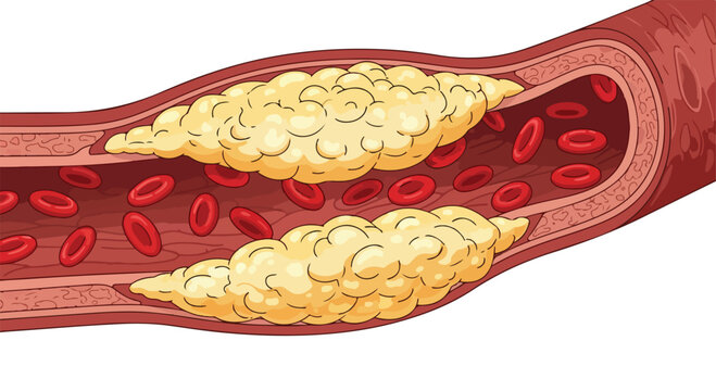 Cross-section of a human artery showing plaque buildup causing atherosclerosis and restricting blood flow
