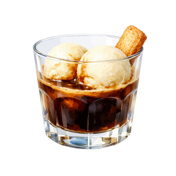 A charming watercolor illustration of affogato dessert featuring creamy vanilla ice cream scoops in rich espresso served in a glass with a crisp biscuit illustrated in a detailed sweet cafe style.