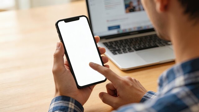 Man holding smartphone with white blank screen working at wooden desk with laptop in background business technology concept multitasking mobile app mockup modern office workspace