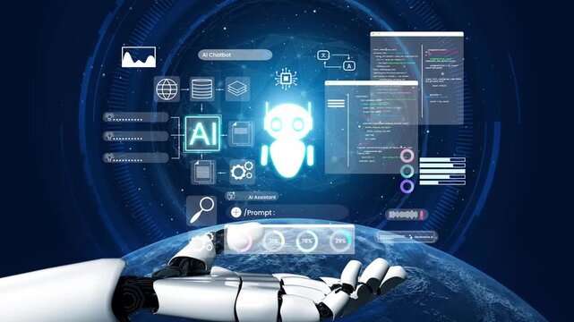 Futuristic Robotic Hand Interacting with AI Concepts, Chatbot Interfaces, Data Visualization, and Programming Code in a Digital Universe Gluon.