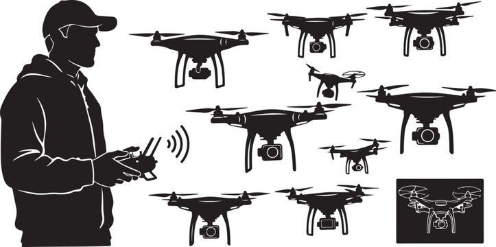 Man controlling multiple drones with remote controller in black silhouette style