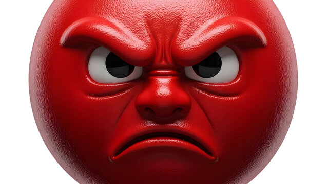 Angry red emoticon face with frowning expression on transparent background