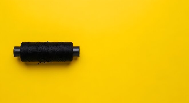 A spool of dark thread resting on a vibrant yellow background.