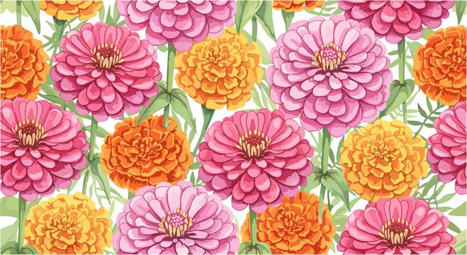 Seamless floral pattern with colorful zinnia flowers and green leaves on a white background.