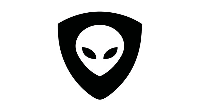 A symmetrical black shield featuring an alien head, with oval eyes and smooth face. Background is white