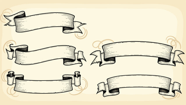 Collection of vintage-style banner ribbons with curled ends and a textured parchment look for headings and decorative text labels.