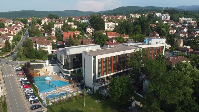 Panoramic drone view of the popular tourist destination and lush green landscape in Vrnjacka Banja, Serbia.