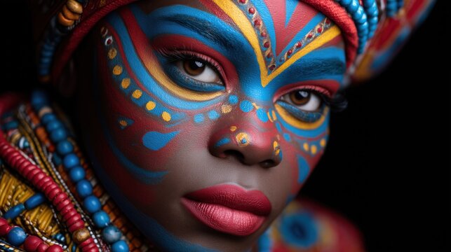 Portrait of African woman with traditional face paint, symbolizing cultural heritage, identity and beauty. Africa day