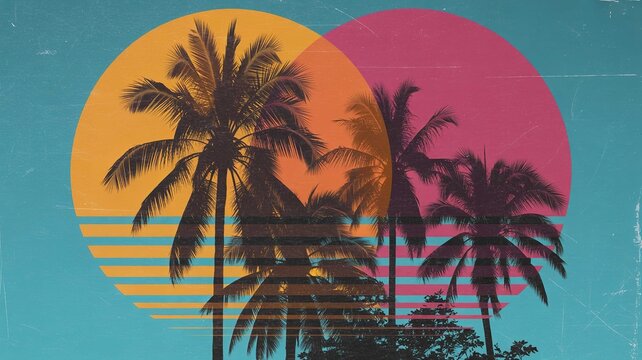 A vibrant digital illustration of palm trees against a colorful sunset background with a retro aesthetic