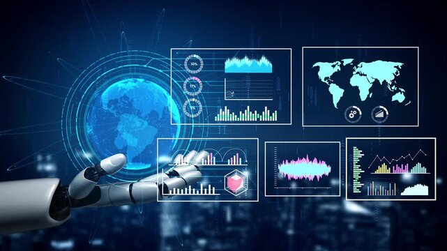 Futuristic robot hand interacting with data visualization and global map in a digital landscape representing technology and artificial intelligence advancements Gluon.