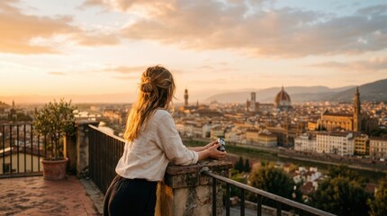 Fototapeta premium Traveler observing a European city sunset from a rooftop terrace. Warm golden hour lighting with negative space in the sky, perfect for urban tourism and lifestyle design.